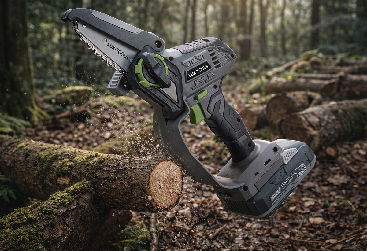 Απεικονίζεται το ξυλοκοπτικό να κόβει ξύλο.